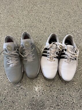 Puma Men’s Light Gray golf shoes size 9.5 and men’s Adidas golf shoes size 10